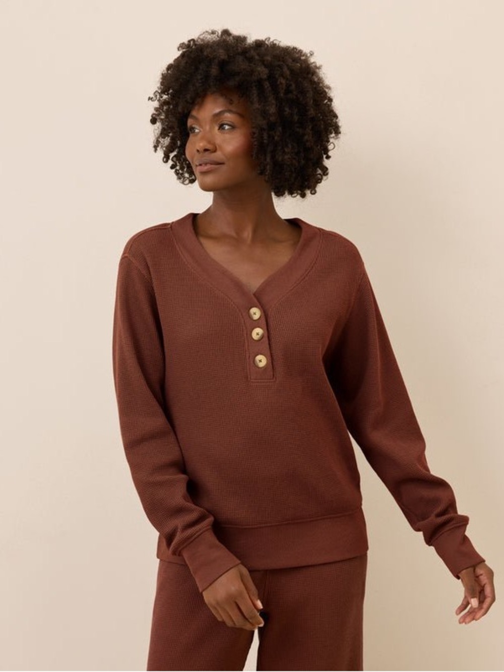 Pact Organic Cotton Thermal Waffle Henley Pullover Rust Brown Size M